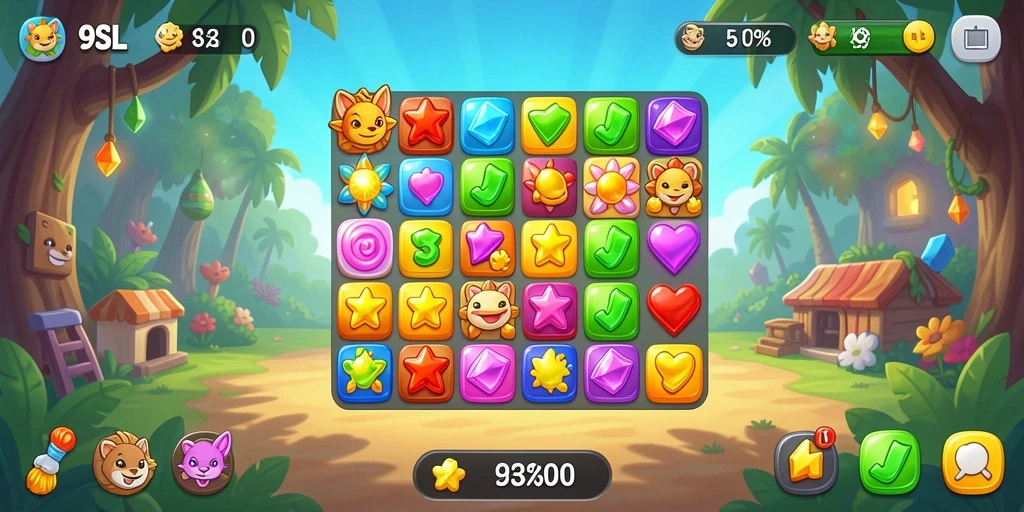 Tangkapan layar dari gameplay seru 9SL, menunjukkan pencocokan batu permata.