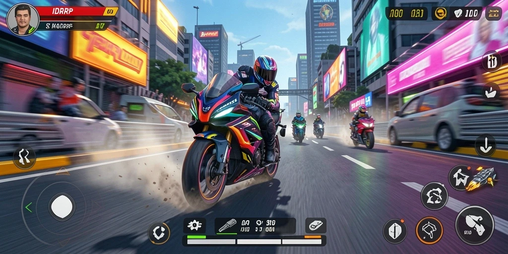 Tampilan gameplay menegangkan di IDRRP dengan balapan motor seru.